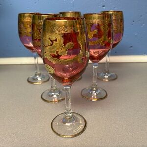 6 Vintage red wine glasses with gold foil